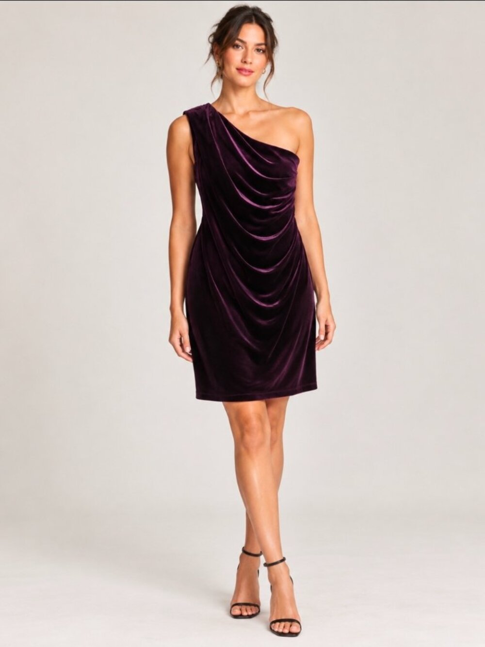 David Meister Purple Velvet One Shoulder Draped Cocktail Dress Size 12